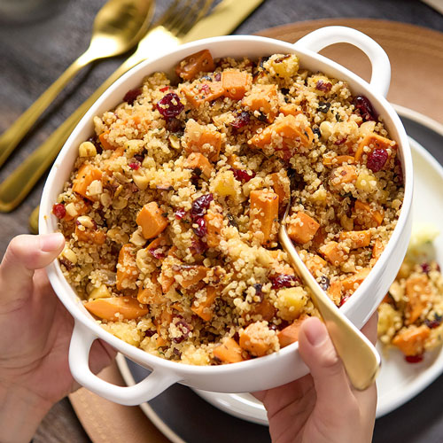 Quinoa Stuffing with Sweet Potatoes, Apples & Hazelnuts