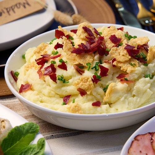 Garlic Parmesan Mashed Potatoes with Parmesan Crisps and Tukey Bacon